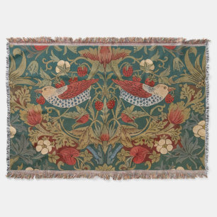 Morris Strawberry Thief Teal Green Red Floral Art Throw Blanket