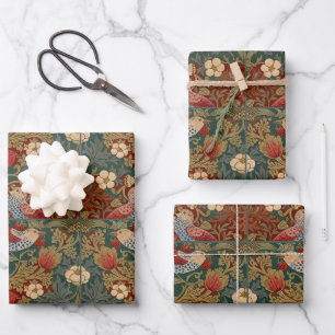Morris Strawberry Thief Teal Green Red Floral Art Wrapping Paper Sheet