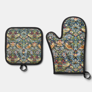 Morris Strawberry Thief Yellow Ivory Slate Blue Oven Mitt & Pot Holder Set