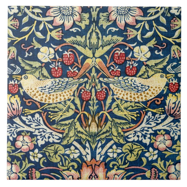Morris Strawberry Thief Yellow Ivory Slate Blue Tile (Front)
