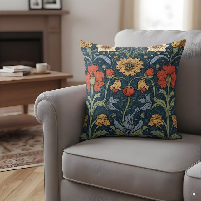 Morris Style Floral Pillow Navy Orange Vintage (Creator Uploaded)
