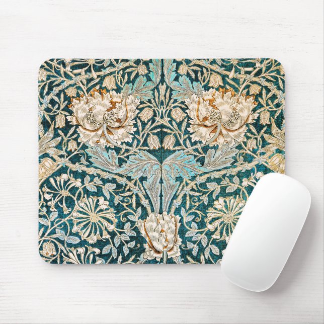Morris Teal Blue Honeysuckle Floral Wallpaper Mouse Mat (With Mouse)
