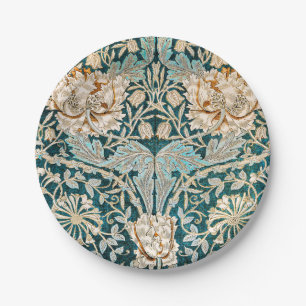 Morris Teal Blue Honeysuckle Floral Wallpaper Paper Plate