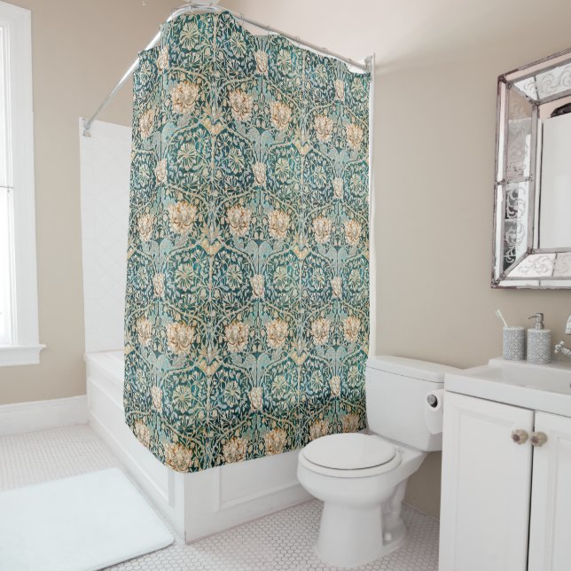 Morris Teal Blue Honeysuckle Floral Wallpaper Shower Curtain (In Situ)