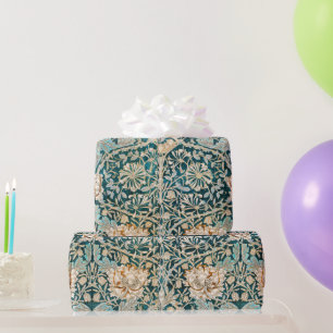 Morris Teal Blue Honeysuckle Floral Wallpaper Wrapping Paper