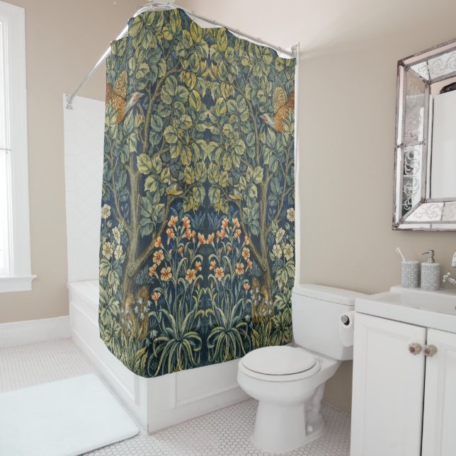 Morris Vintage Pheasant squirrel & Flower Pattern Shower Curtain (In Situ)