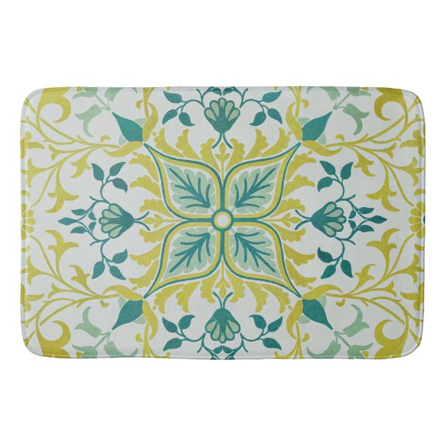 Morris Yellow Turquoise Vine & Flower Pattern Bath Mat (Front)