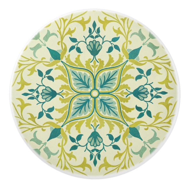 Morris Yellow Turquoise Vine & Flower Pattern Ceramic Knob (Front)