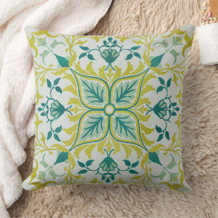 Morris Yellow Turquoise Vine & Flower Pattern Cushion