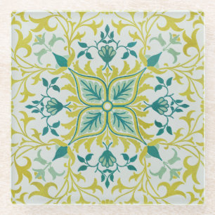 Morris Yellow Turquoise Vine & Flower Pattern Glass Coaster