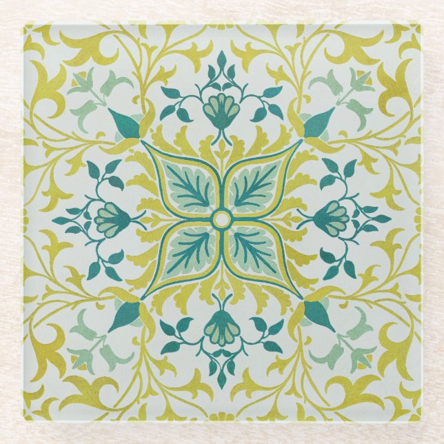 Morris Yellow Turquoise Vine & Flower Pattern Glass Coaster (Front)