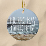 Morro Bay California Ocean Waves Photography Ceramic Tree Decoration<br><div class="desc">A gorgeous overcast day in Morro Bay California brings cool ocean waves to the shore in this coastal photograph. This pretty seaside Christmas ornament features white script over the beach rocks and grey sky.</div>
