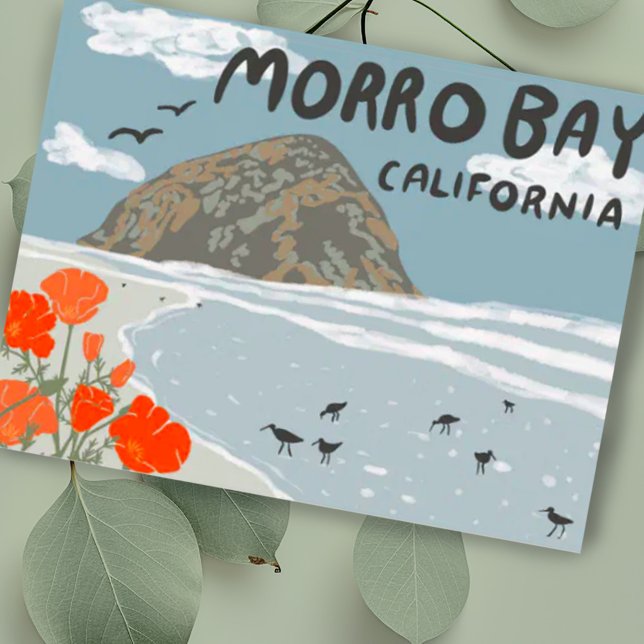 Morro Bay Central California Illustration Beach  Postcard (Custom postcard with drawing of beach at Morro Rock. )