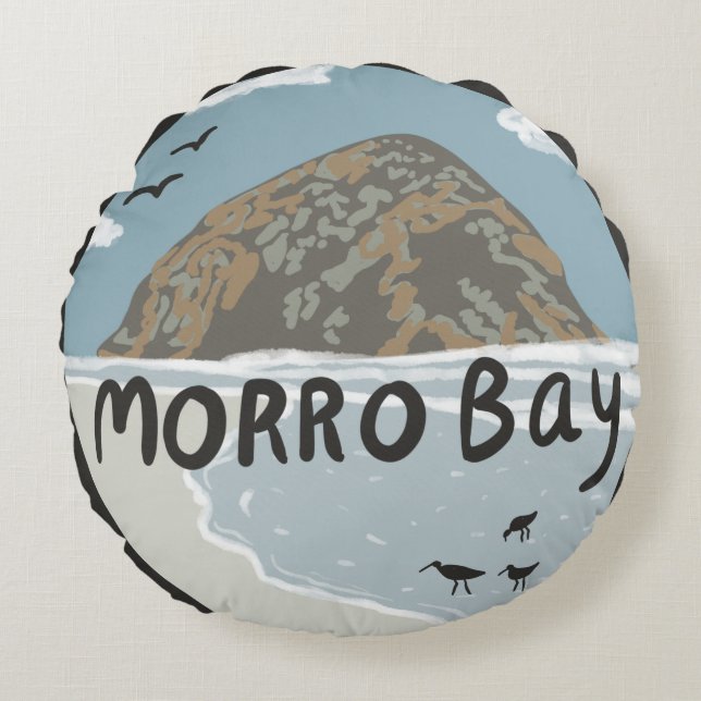 Morro Bay Central California Illustration Beach  Round Cushion (Front)