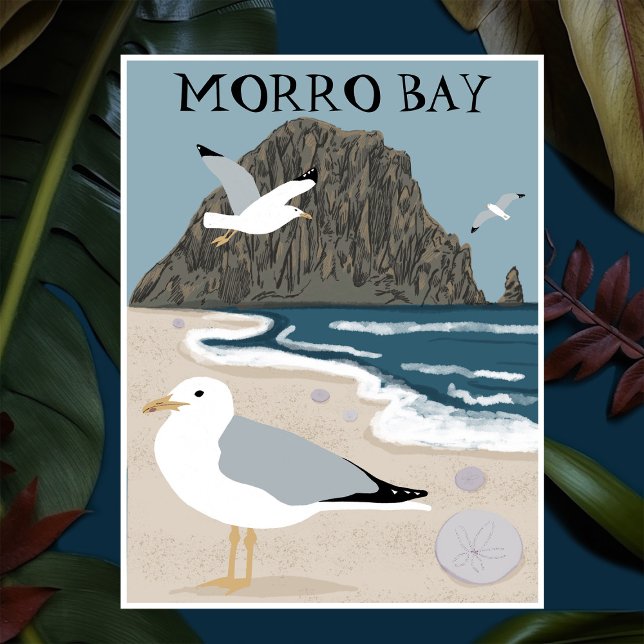 Morro Rock Bay Central California Beach Seagulls  Postcard (Morro Rock Bay Central California Beach Seagulls Illustration custom Postcard
)