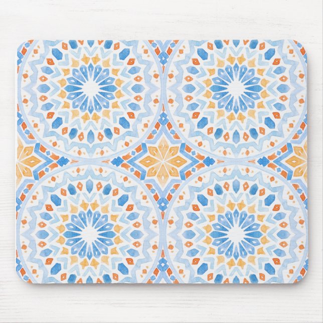 Morrocan tile pattern in blue and orange mouse mat (Front)