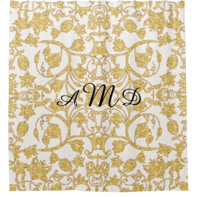 Morroccan Decor Gold Floral Pattern Monogrammed Shower Curtain (Front)