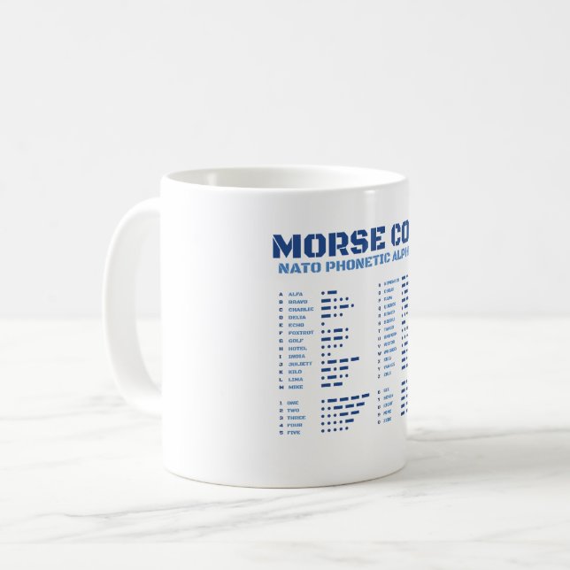 Morse Code NATO Phonetic Alphabet Coffee Mug (Front Left)