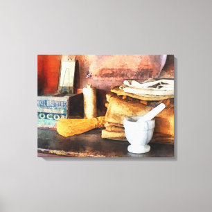 Mortar and Pestle and Box of Cocoa Canvas Print