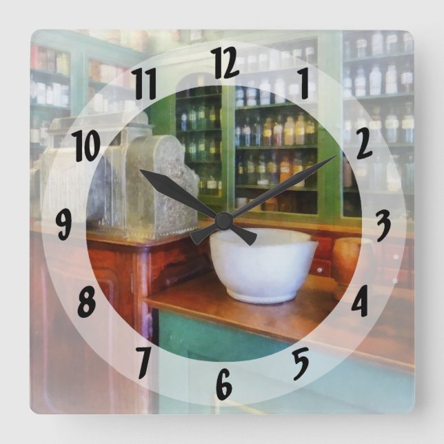 Mortar and Pestle in Pharmacy Square Wall Clock (Front)