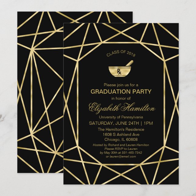 Mortar and Pestle Pharmacy School Grad Party Gold Invitation (Front/Back)
