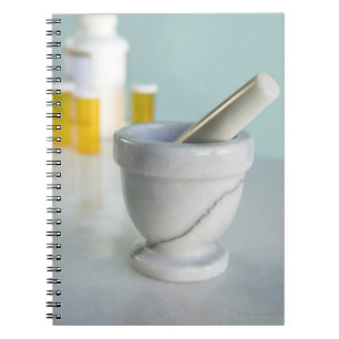 Mortar and Pestle, Pill Bottles in Background Notebook