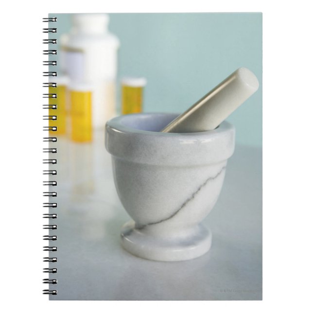 Mortar and Pestle, Pill Bottles in Background Notebook (Front)