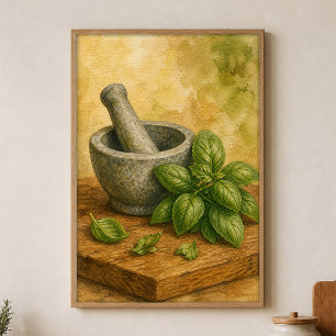 Mortar and Pestle with Basil Watercolour Poster