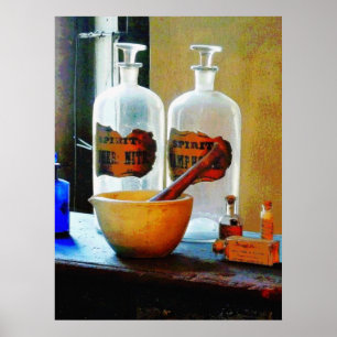 Mortar and Pestle With Bottles Poster