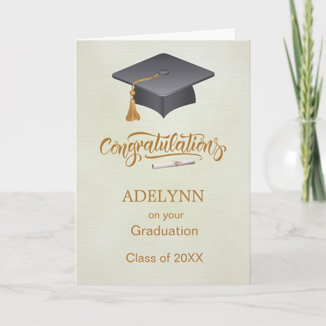 Mortar cap and diploma Graduation Congratulations  Card (Front)