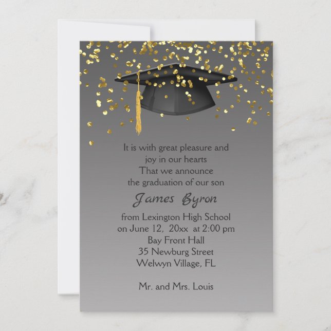 Mortar, golden confetti on grey Graduation Announcement (Front)