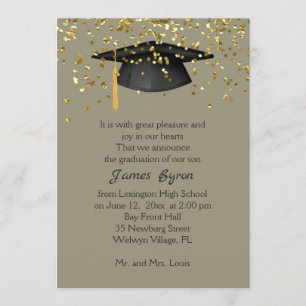Mortar, golden confetti on grey yellow Graduation Announcement