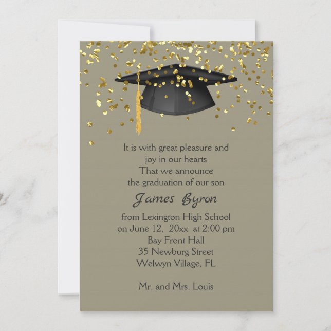 Mortar, golden confetti on  grey yellow Graduation Announcement (Front)