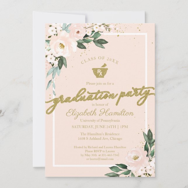 Mortar Pestle Pharmacy Grad Party Pink Floral Invitation (Front)