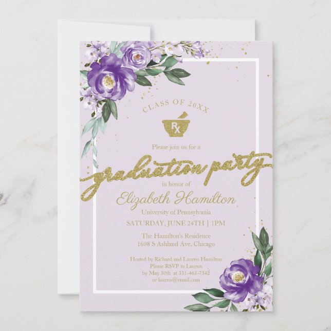 Mortar Pestle Pharmacy Grad Party Purple Floral Invitation (Front)