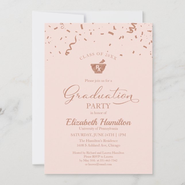 Mortar Pestle Pharmacy Grad Party Rose Gold Pink Invitation (Front)