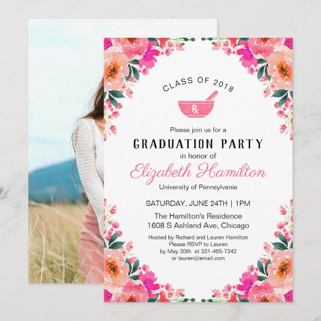 Mortar Pestle Pharmacy School Grad Party Photo Invitation (Front/Back)