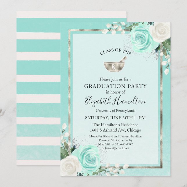 Mortar Pestle Rx Pharmacy School Grad Party Teal Invitation (Front/Back)