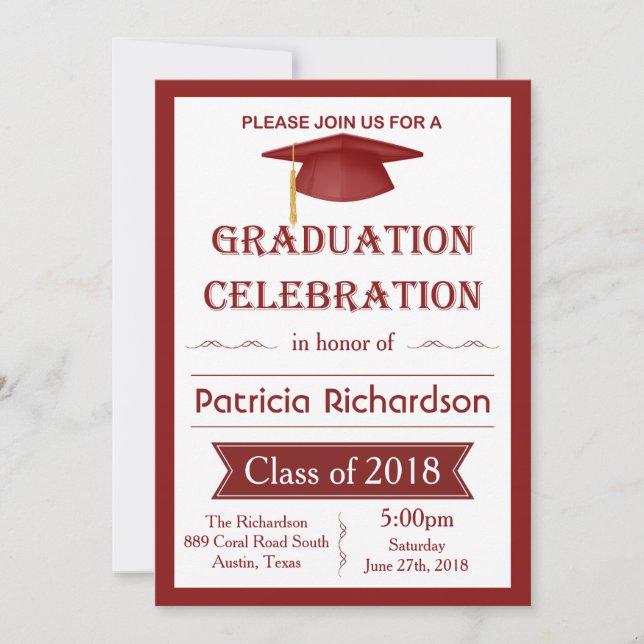 Mortar, red & white Graduation Party Invitation (Front)