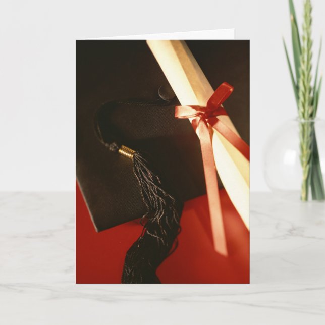 Mortarboard, Diploma, Red Ribbon Graduation Card (Front)