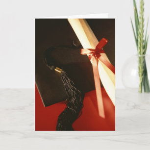 Mortarboard, Diploma, Red Ribbon Graduation Card