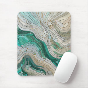 Mosaic Abstract art - Pearl, Taupe and Emerald Mouse Mat