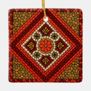 Mosaic Abstract Floral Art red and brown Ceramic Ornament