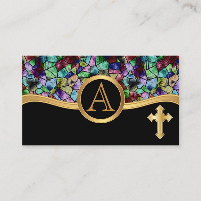 Mosaic Abstract Stained Glass | Golden Cross Business Card (Front)