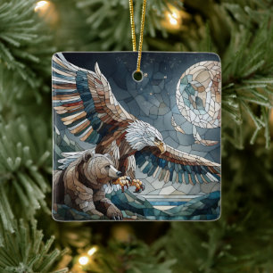 Mosaic Ai Art   Brown Bear and an Eagle Full Moon Ceramic Ornament
