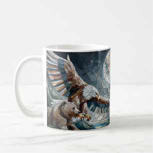 Mosaic Ai Art   Brown Bear and an Eagle Full Moon Coffee Mug