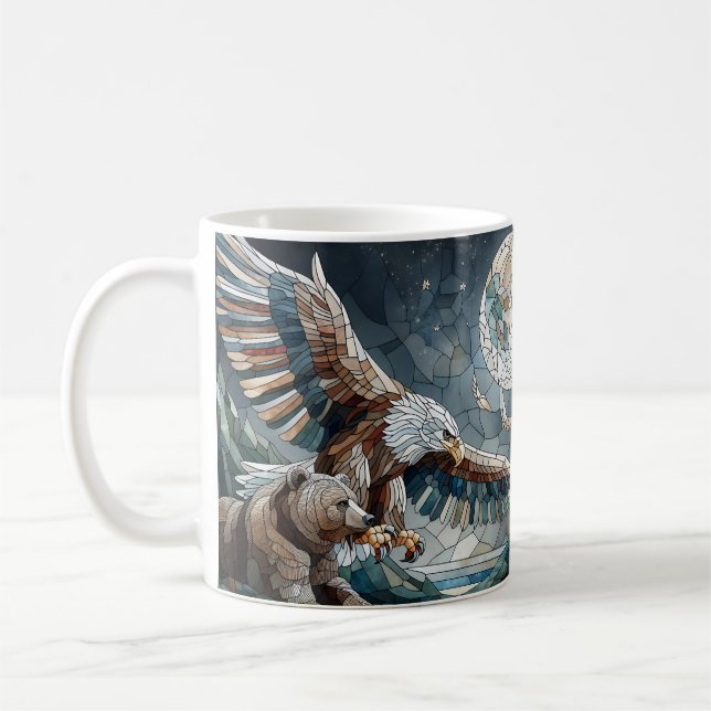 Mosaic Ai Art | Brown Bear and an Eagle Full Moon Coffee Mug (Left)