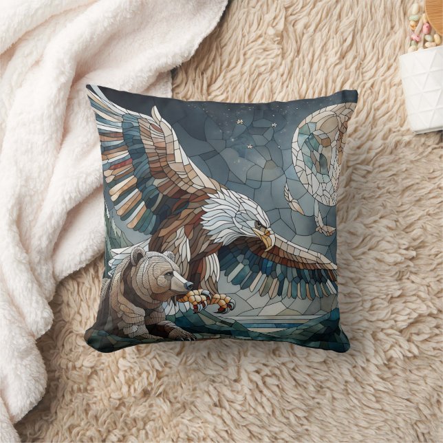Mosaic Ai Art | Brown Bear and an Eagle Full Moon Cushion (Blanket)