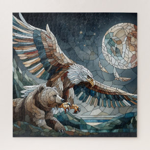 Mosaic Ai Art Brown Bear and an Eagle Full Moon Jigsaw Puzzle