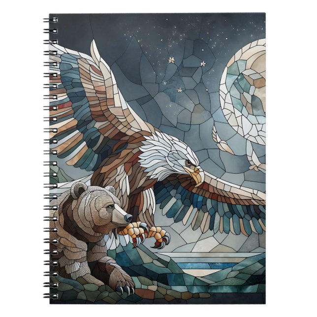 Mosaic Ai Art | Brown Bear and an Eagle Full Moon Notebook (Front)